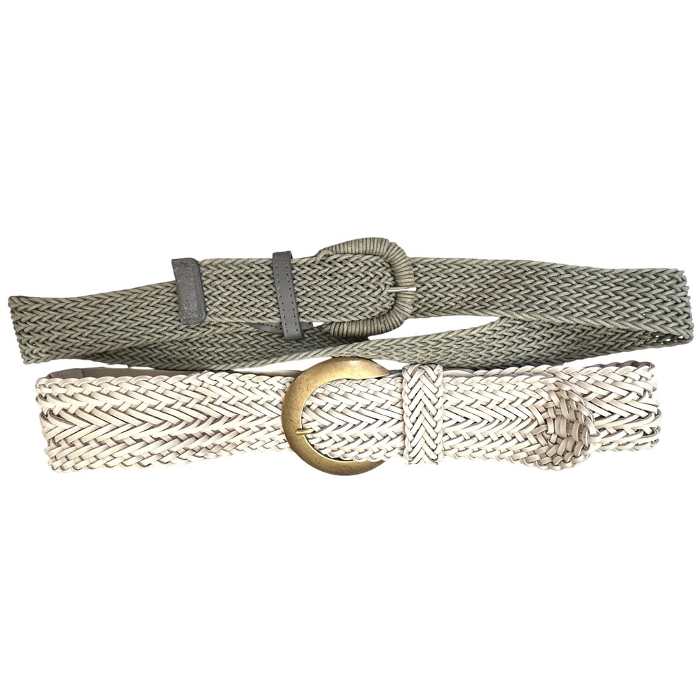 Altar'd State Woven Stretch Belt Bundle Green & Cream Braided Waist Belts- 2